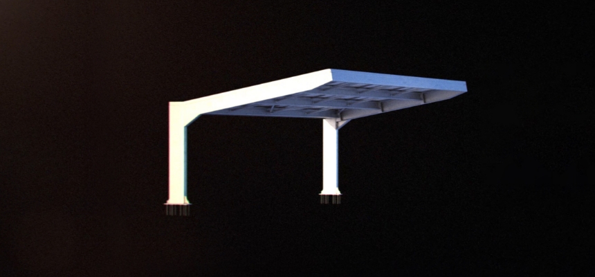 Visualisierung eines einseitig abgestützten Solarcarports mit stabiler Stahlkonstruktion für Photovoltaikanlagen. eParcL