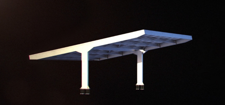 Visualisierung eines modernen Solarcarports mit einer stabilen Stahlkonstruktion für Photovoltaikanlagen. eParcT